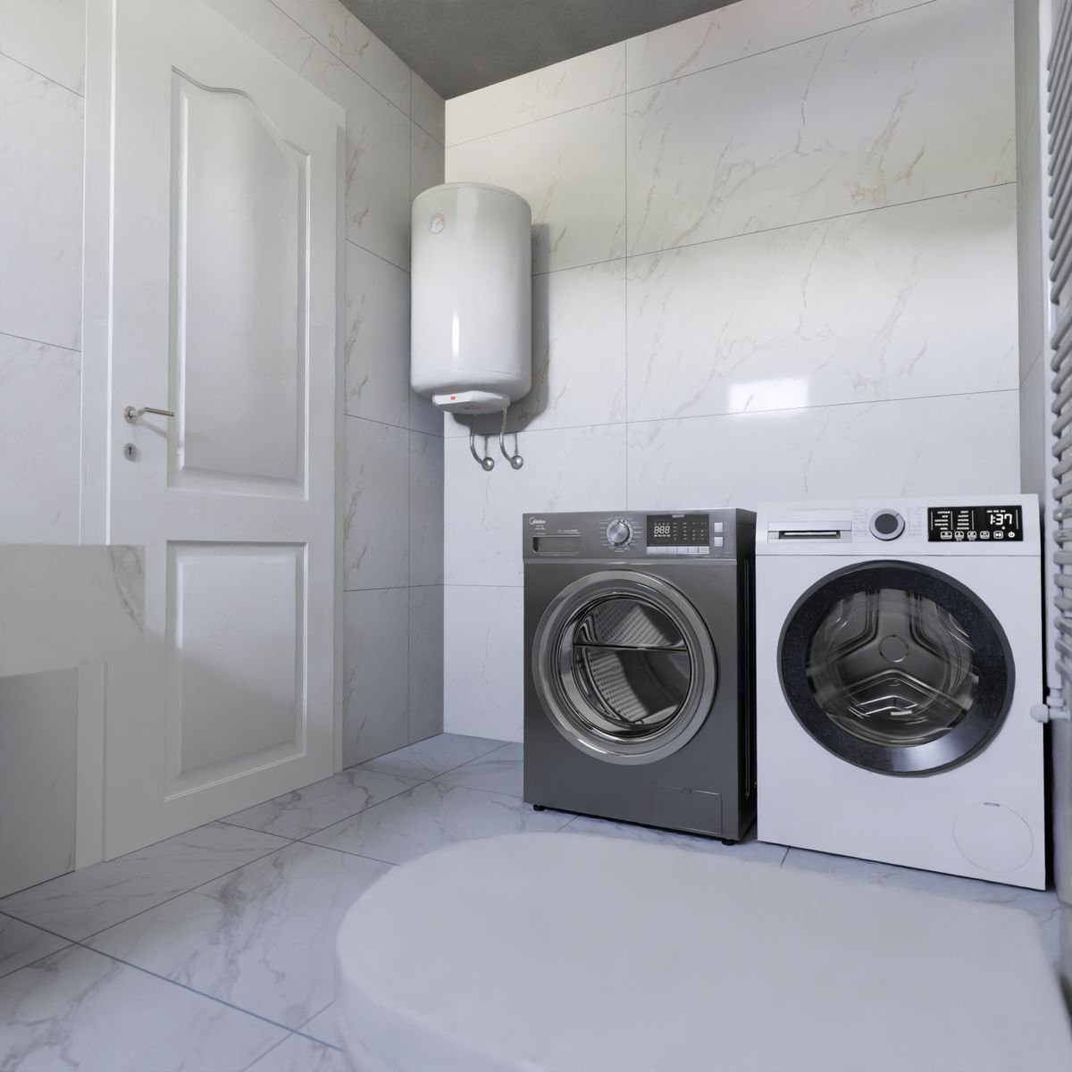 Laundry room with a wall-mounted water heater
